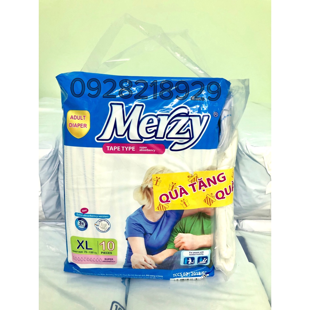 Tã Bỉm Dán Người Lớn Merzy Siêu Thấm, Khô Thoáng Size XL gói 10 miếng