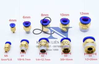 Đầu nối cắm nhanh khí nén ren 10, 13, 17, 21 nối ống dây 6, 8, 10, 12