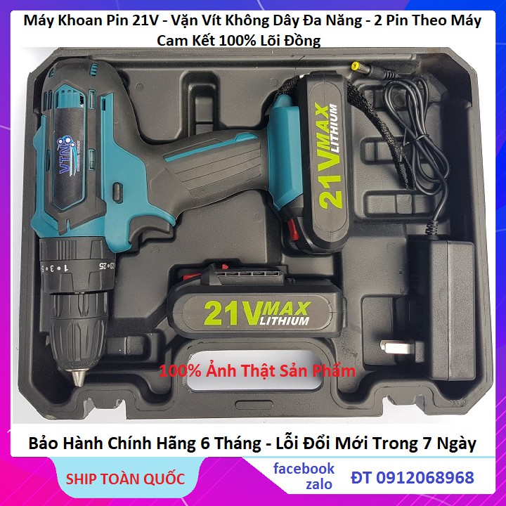 Máy Khoan Pin 21v, Kiêm Bắt Vít - Khoan Tường, Sắt, Gỗ Tặng Kèm Phụ Kiện Chính hãng VTN bảo Hành 6 Tháng