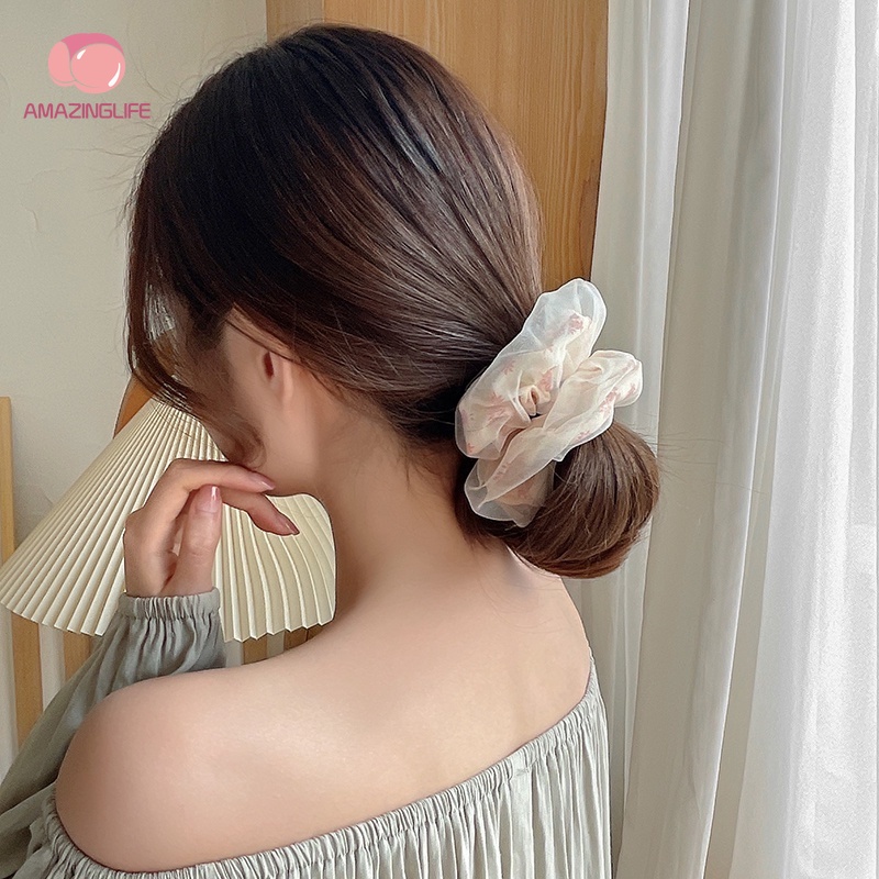 Dây Cột Tóc Scrunchies / Dây Buộc Tóc Cao Su Co Giãn Phối Lưới Cỡ Lớn Phong Cách Hàn Quốc Thời Trang Cho Nữ
