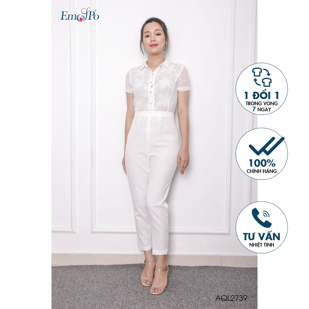 Jumpsuit cổ đức, tay cộc, thân trên phối ren Emspo AQL2739