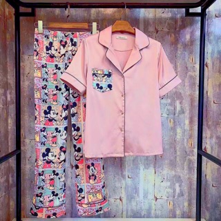 Bộ lụa satin mickey tay ngắn quần dài