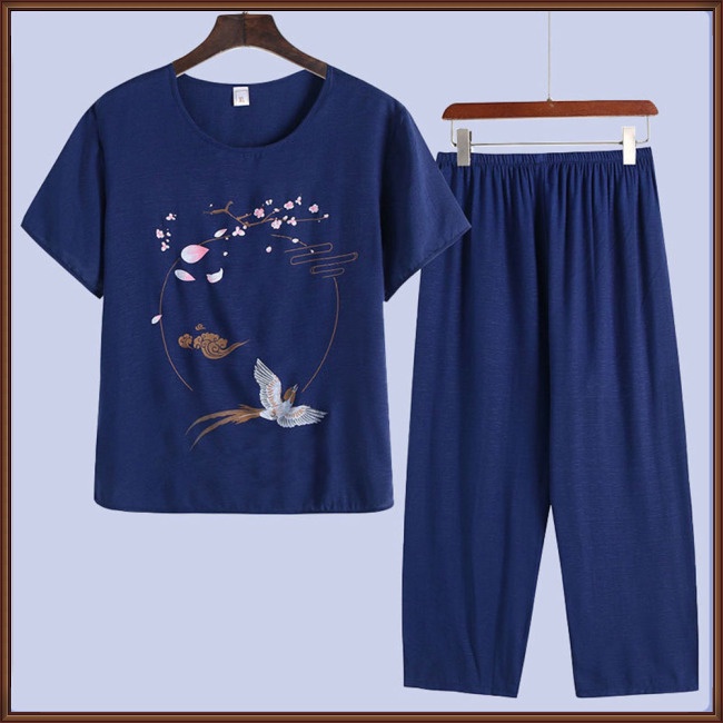 Bộ Đồ Ngủ Vải Cotton Lanh Áo Tay Ngắn Cổ Tròn Phối Quần Dài Ống Rộng Thoải Mái Cho Nữ