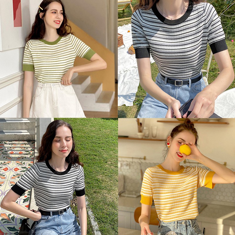 Áo Dệt Kim Tay Ngắn Hoạ Tiết Kẻ Sọc Phong Cách Hàn Quốc