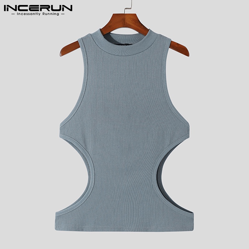 Áo ba lỗ INCERUN dệt kim cổ tròn khoét lỗ ôm dáng thời trang cho nam