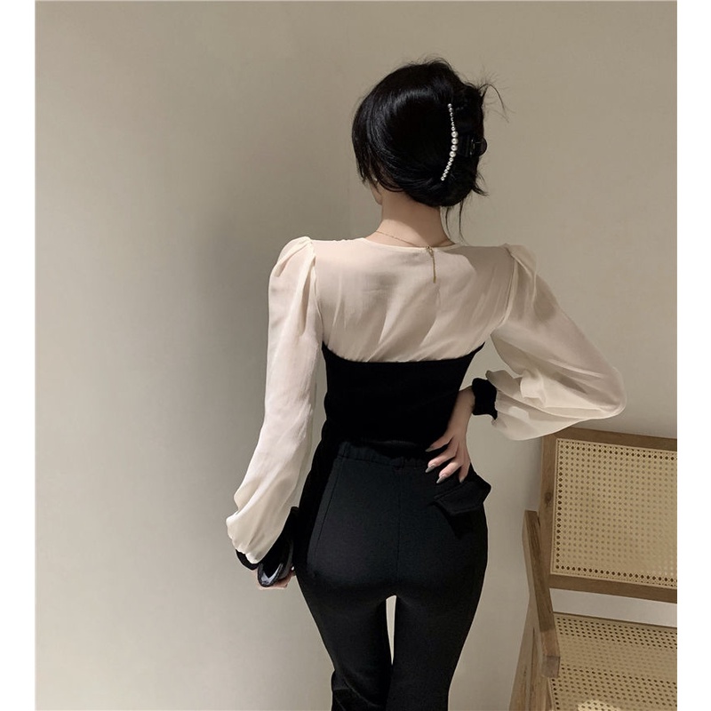 Áo Kiểu Tay Dài Cổ Vuông Dáng Ôm Phong Cách Pháp Sang Trọng Cho Nữ