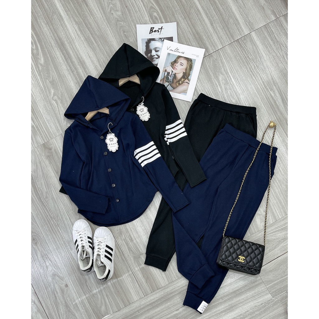 Bộ len thụng mũ vạt bầu mix quần jogger sọc thể thao đồ bộ nữ thu đông