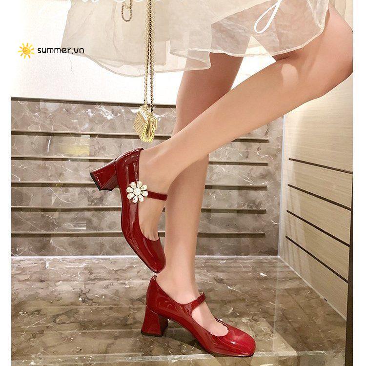 Giày Cao Gót Mary Jane Mũi Vuông Đính Đá Phong Cách Thời Trang Retro Mới 2022