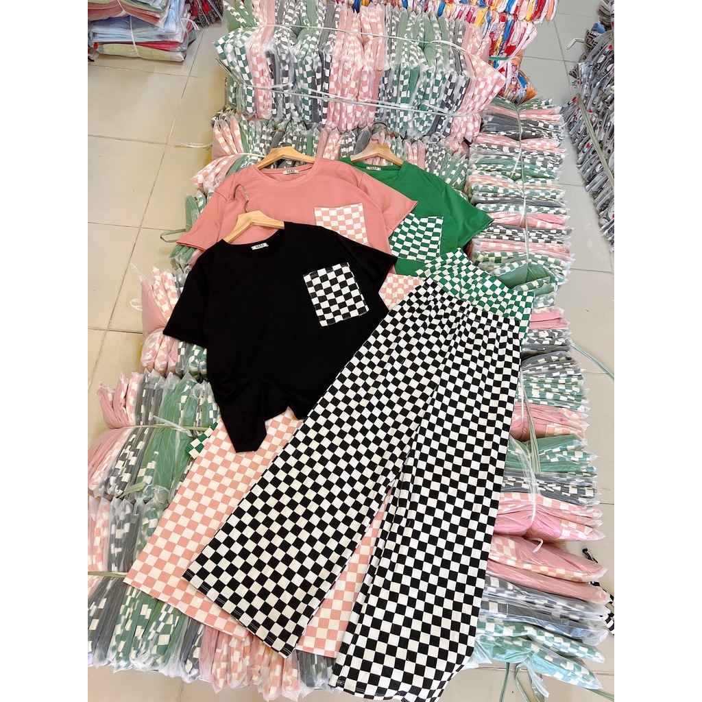 Set đồ bộ thun gân quần dài ống rộng họa tiết caro Gugumi