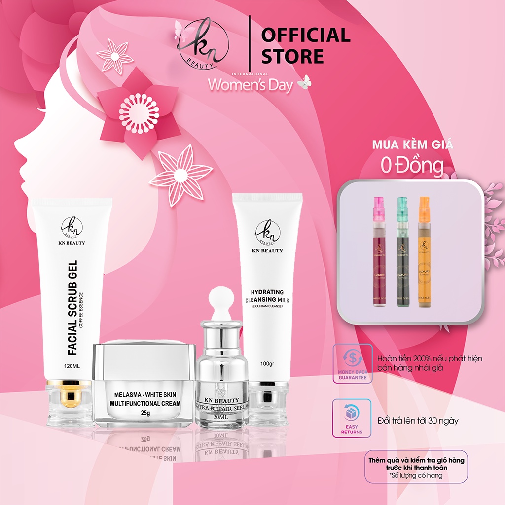 Bộ 4 sản phẩm Trắng Da Ngừa Nám KN Beauty Kem dưỡng+Serum+Tẩy tế bào chết+ sữa rửa mặt (tặng 2 nước hoa)