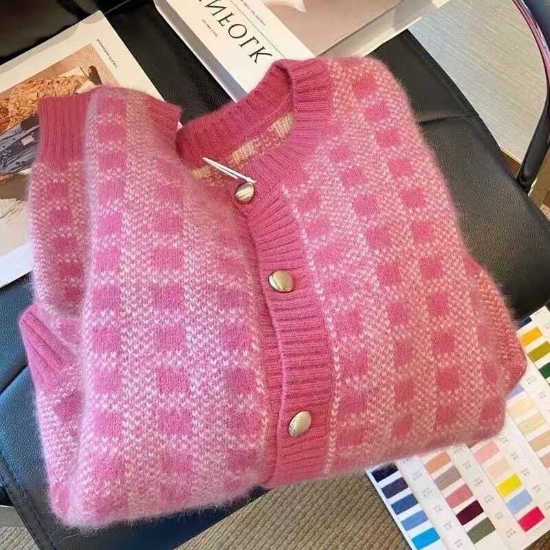 Áo Khoác Cardigan Dệt Kim Kẻ Sọc Caro Xinh Xắn Cho Nữ