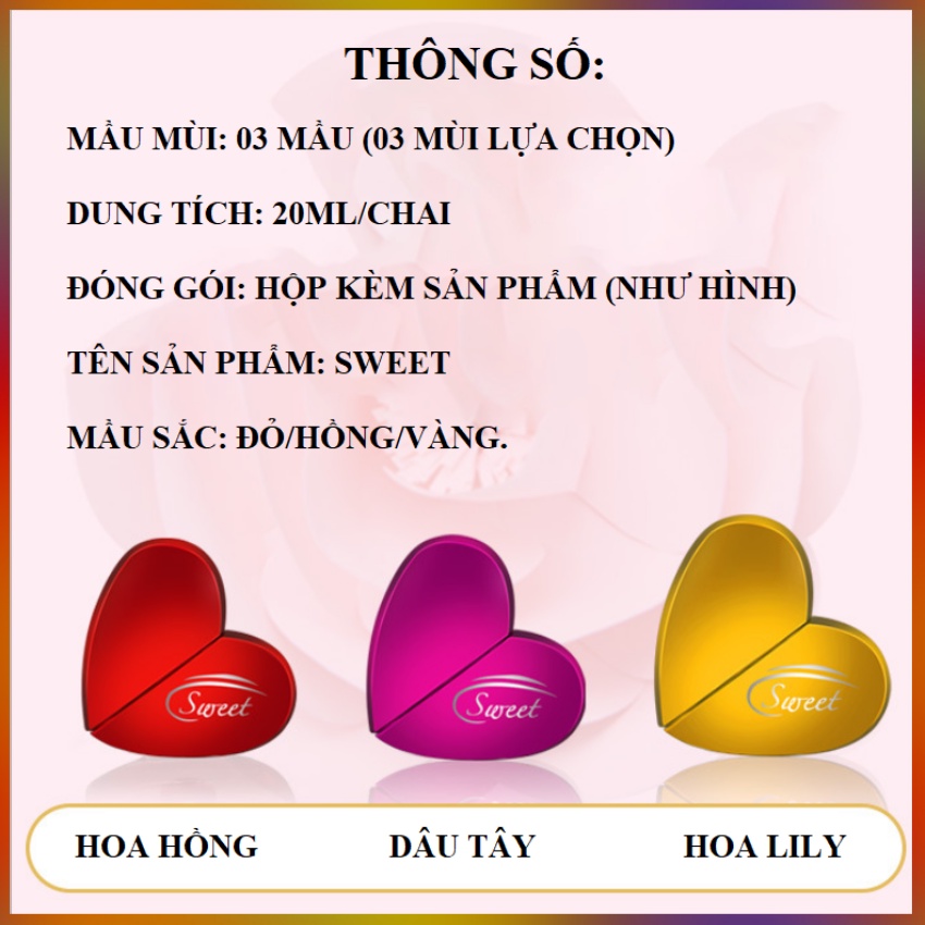 Nước Hoa Nữ Xịt Thơm Toàn Thân Sweet 20ml/Chai Hình Trái Tim Quyến Rũ Lưu Hương Lâu