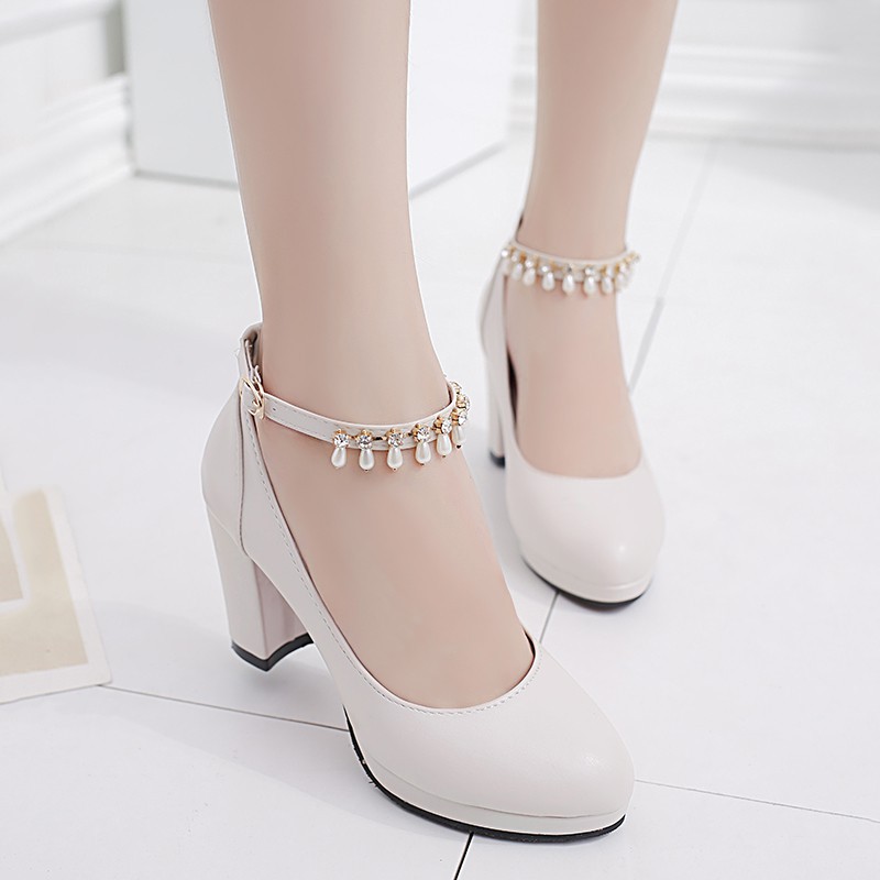 IELGY Giày cao gót đế thô quai ngọc trai thời trang sành điệu cho nữ