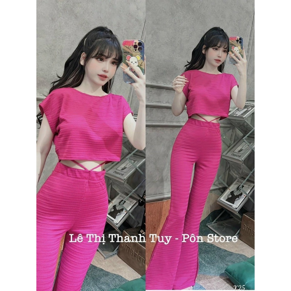 [Set bộ] Set 2 món áo và quần với áo croptop form rộng  kèm quần ống loe lưng cao cực đẹp, chất vải xốp thiêu cao cấp