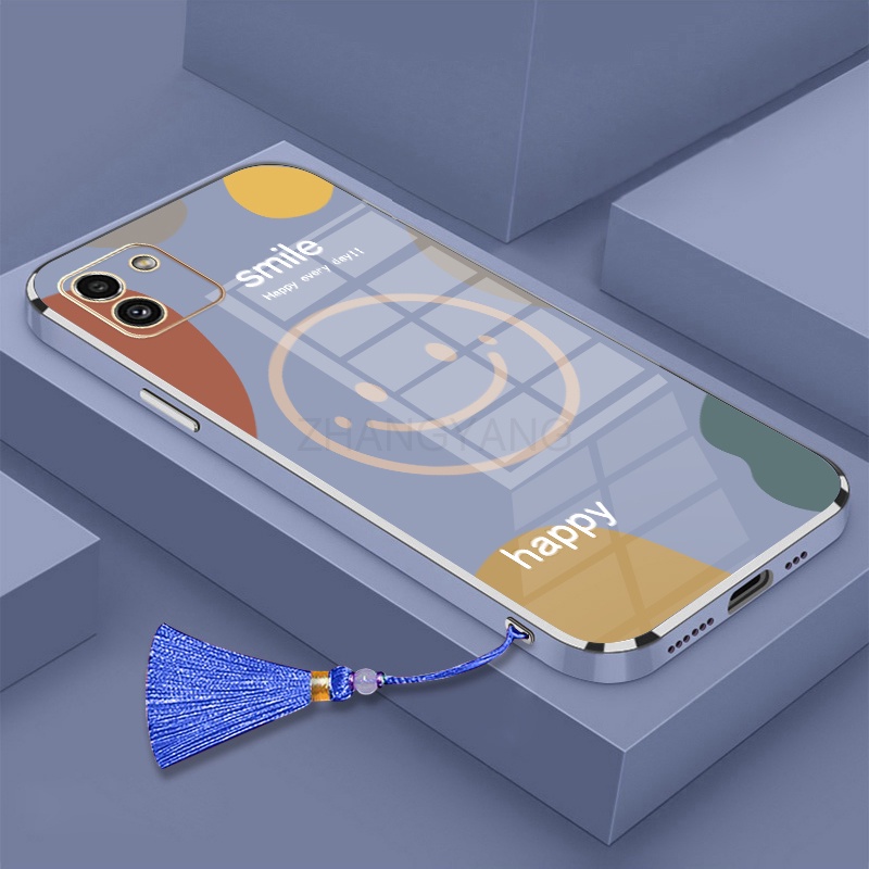 Ốp Điện Thoại TPU Silicon Mạ Điện Hình Mặt Cười Đính Tua Rua Và Dây Đeo Cho Samsung a03