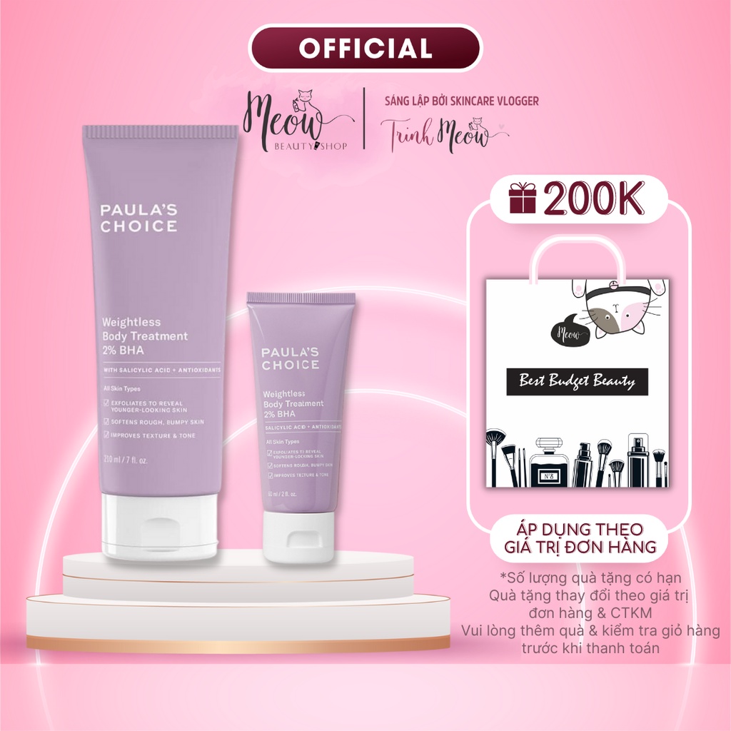 Kem dưỡng cơ thể Paula's Choice mềm mịn và giảm lão hoá Weightless Body Treatment 2% BHA