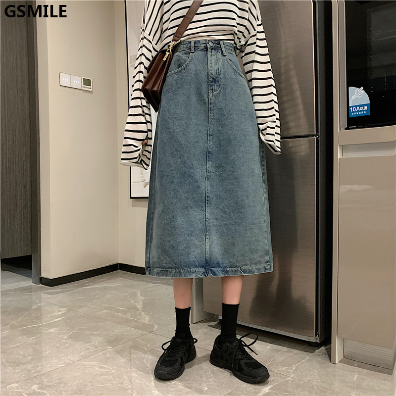 Chân váy dài vải denim xẻ tà phong cách Hàn Quốc