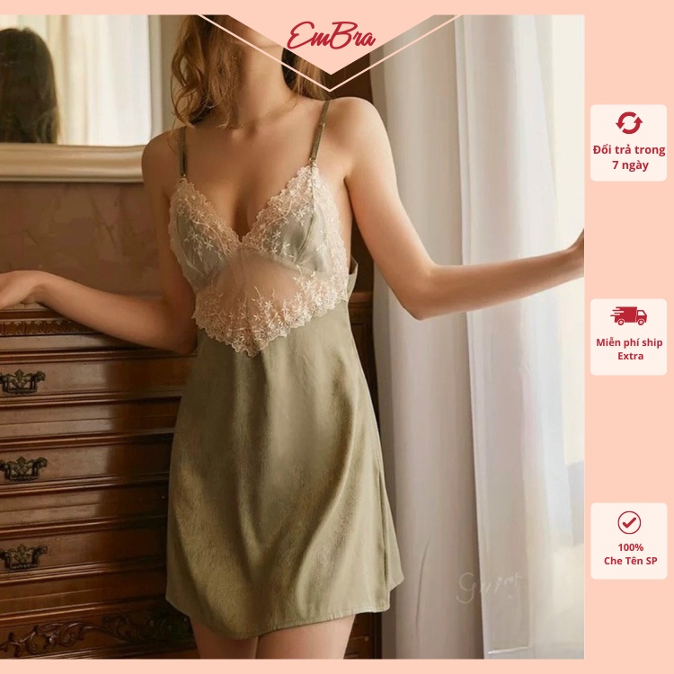 Váy ngủ 2 dây pha ren chất liệu lụa xước cao cấp Embra EBV16
