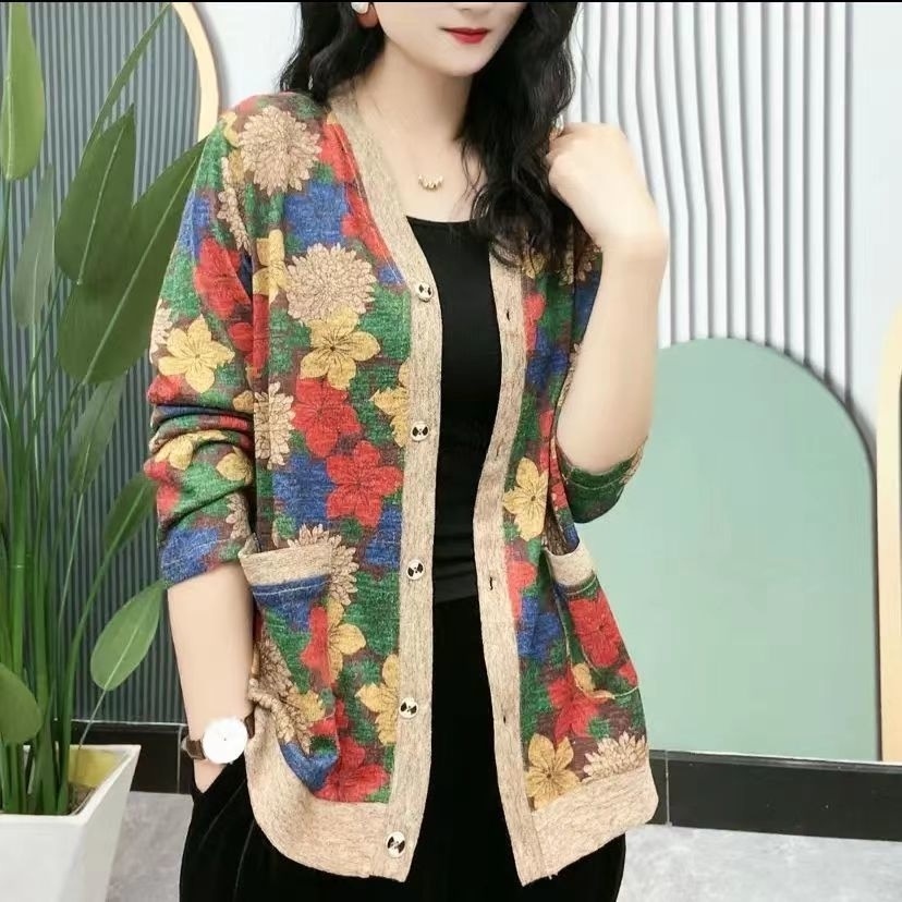 Áo Khoác Cardigan Dệt Kim Tay Dài Dáng Rộng In Hình Cây Tiền Influencer Money