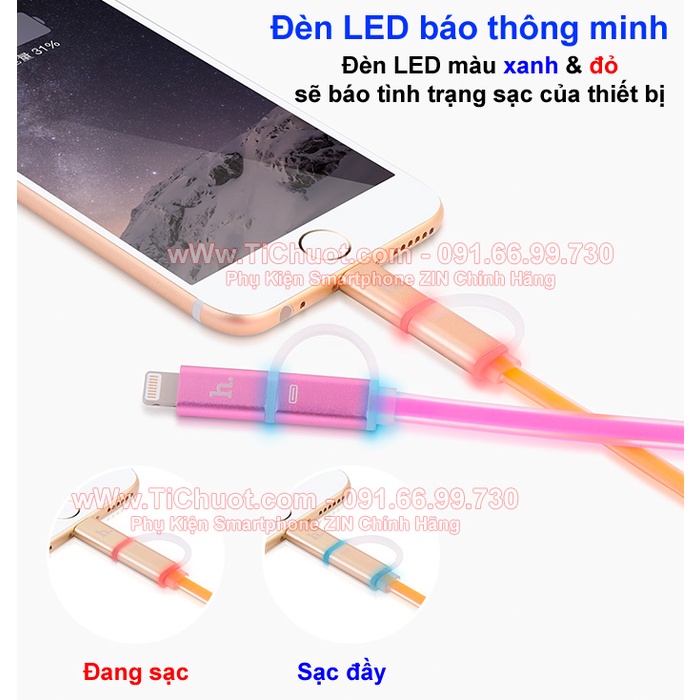 Cáp HOCO UPL08 2in1 Light.ning &amp; MicroUSB Đầu Bọc Nhôm Có LED Báo Sạc