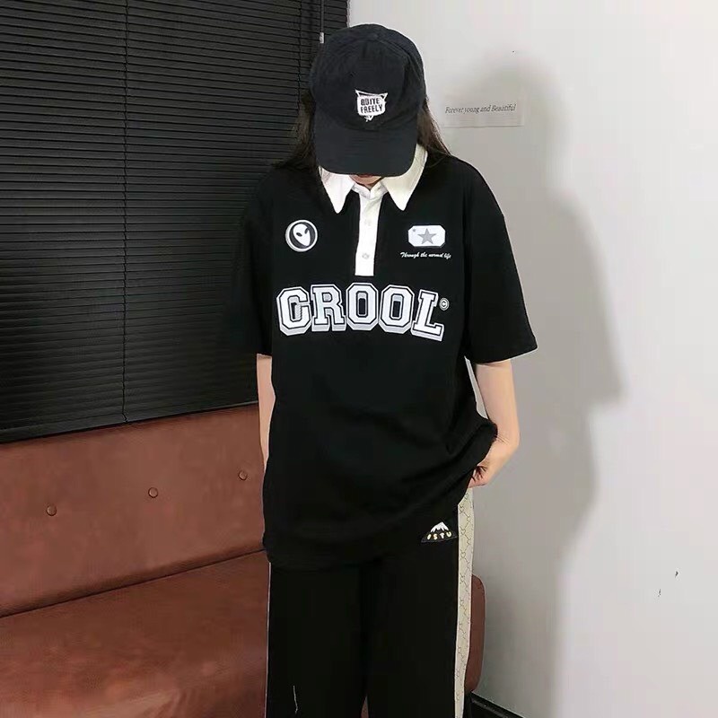 Áo Polo Nam Nữ Form Rộng Tay Lỡ Unisex, Áo Đôi Nam Nữ Họa Tiết In Chữ CROOL Cá Tính