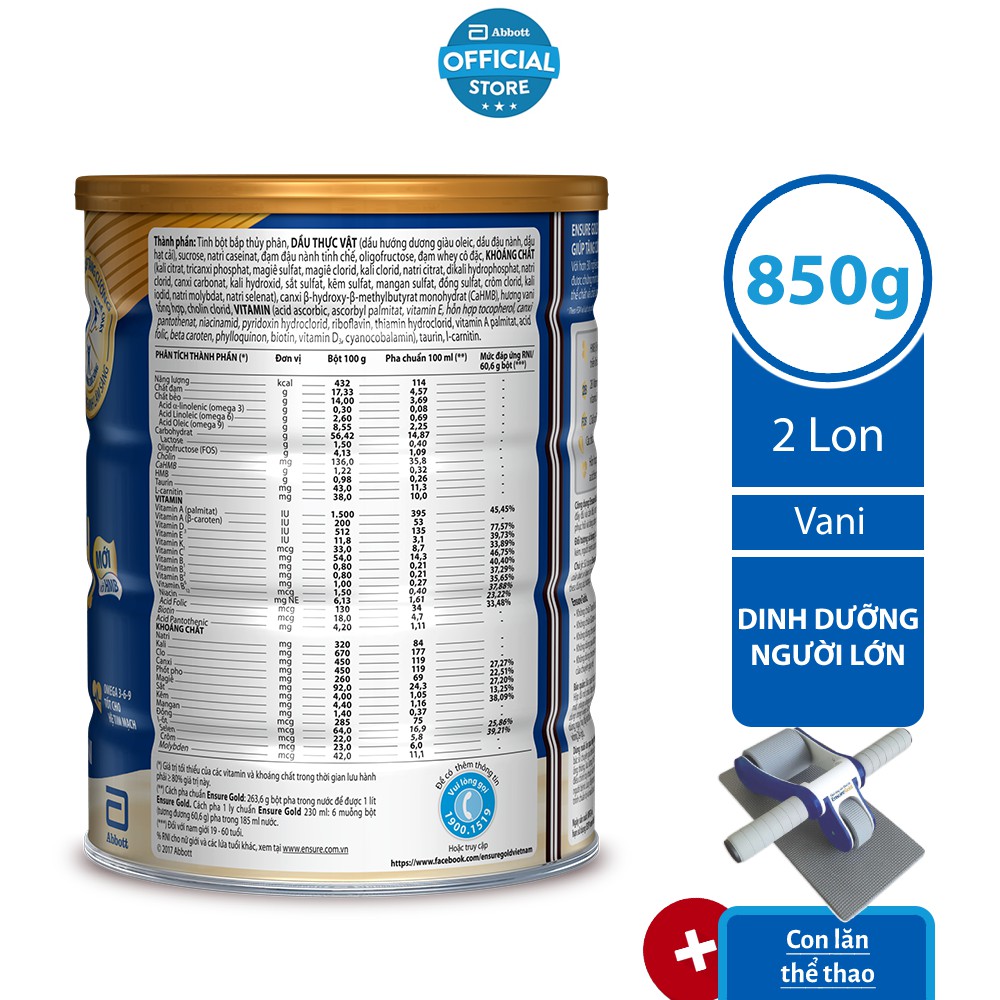 [Tặng Con lăn thể thao] Bộ 02 lon Sữa bột Ensure Gold Vani (HMB) 850g/lon | BigBuy360 - bigbuy360.vn