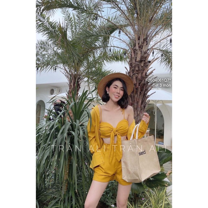 Set đi biển 3 món áo sơ mi tay dài áo bra cột nơ ngực 2 dây phối quần short! | BigBuy360 - bigbuy360.vn