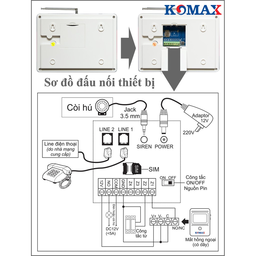 TRUNG TÂM BÁO TRỘM KHÔNG DÂY KOMAX KM-800p