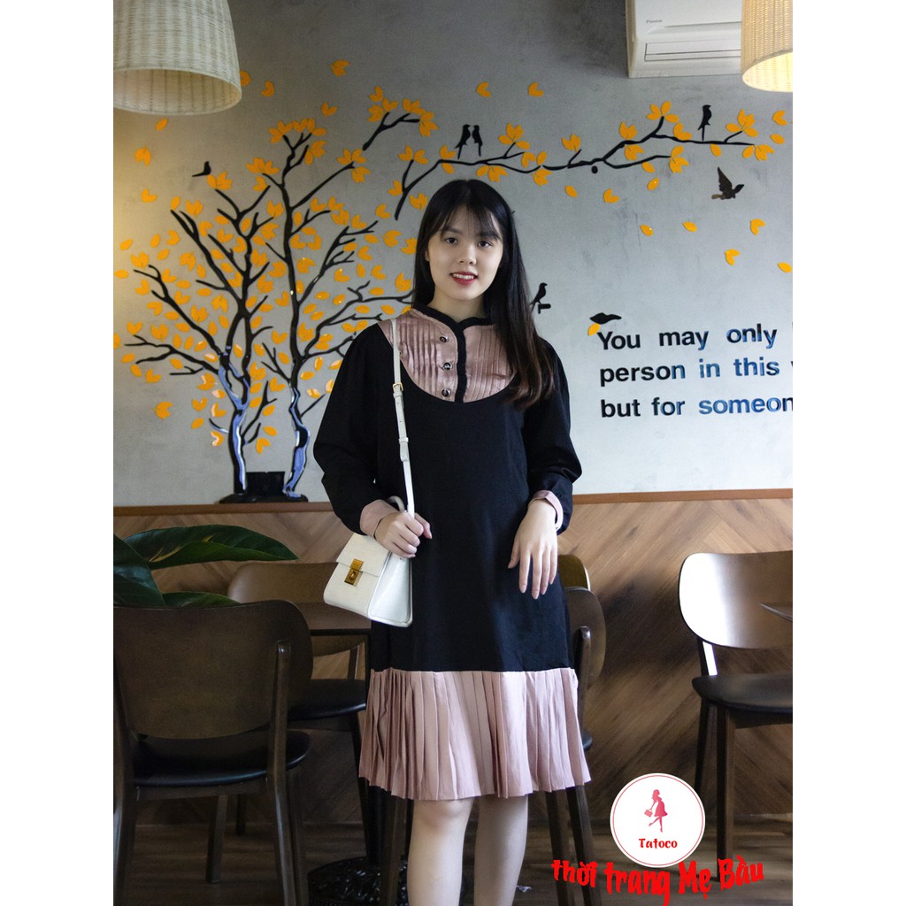 Váy bầu thiết kế new 2 màu phối dập ly , Size 45 -80kg (hình thật + video) mặc được trước sau sinh