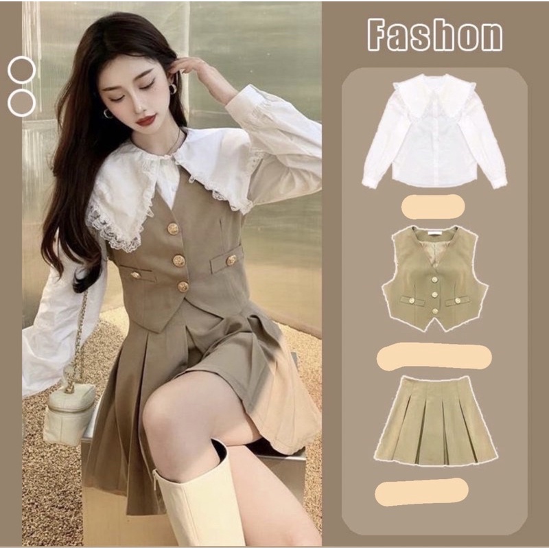 SET ÁO SƠ MI CỔ BÈO PHỐI GILE CÚC NGỌC KÈM CHÂN VÁY XẾP LY S3SMNB