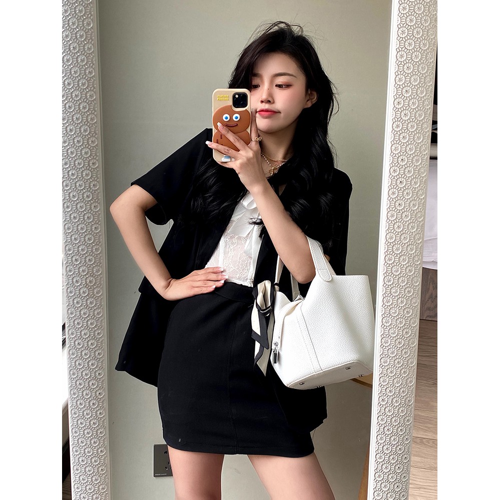 Xiaozhainv Áo khoác blazer tay ngắn form rộng màu trơn phong cách Hàn Quốc thanh lịch cho nữ | BigBuy360 - bigbuy360.vn