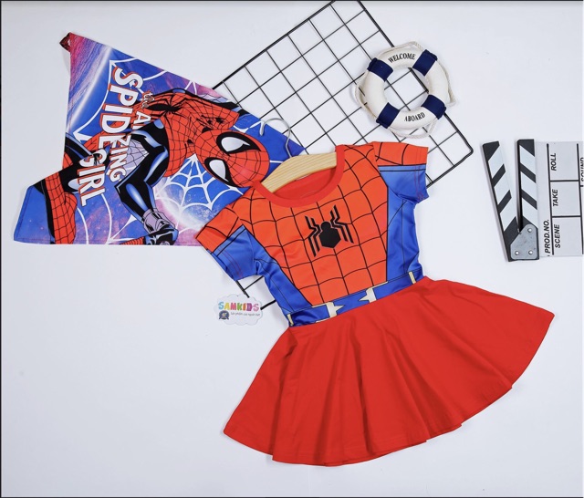 Đầm váy người nhện đội trưởng mỹ cho bé gái kèm choàng samkids _Lan Nhi