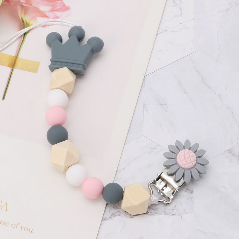 Dây Đeo Núm Ti Giả Bằng Silicon Cấp Thực Phẩm Gắn Hạt Gỗ / Hạt Gỗ / Hoa / Vương Miện Hoạt Hình Dễ Thương Cho Bé Sơ Sinh