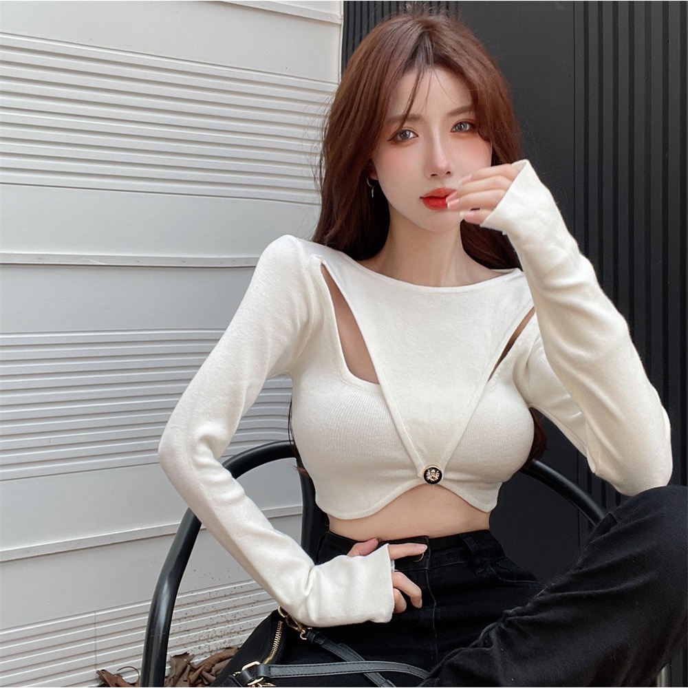 Porozi  Áo croptop  dệt kim tay dài cổ tròn màu sắc đơn giản phong cách Hàn Quốc