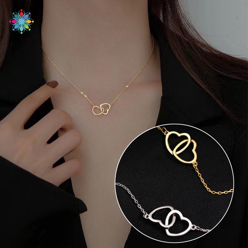 Vòng cổ Ngắn Mặt Trái Tim Đôi Màu Vàng/Bạc Phong Cách harajuku Cá Tính Cho Nam Và Nữ CRD YKT