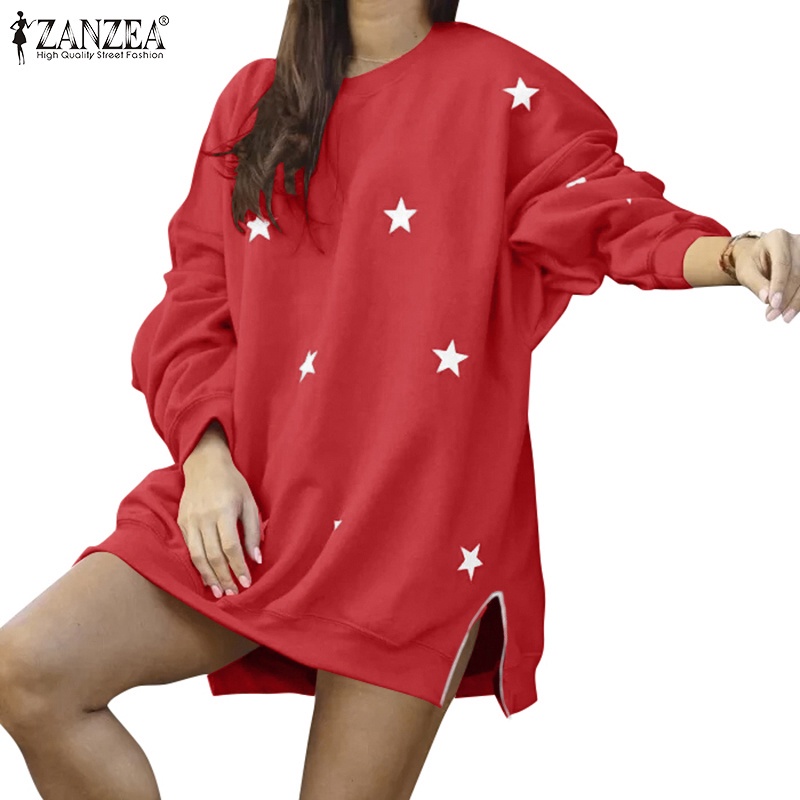 Áo sweatshirt ZANZEA cổ tròn tay dài dáng rộng in họa tiết ngôi sao thời trang cho nữ