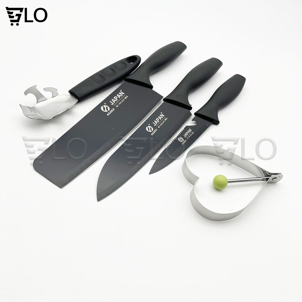 Bộ Dao 5 Món Buck-T Bằng Thép Không Gỉ Đen Nhám Cao Cấp