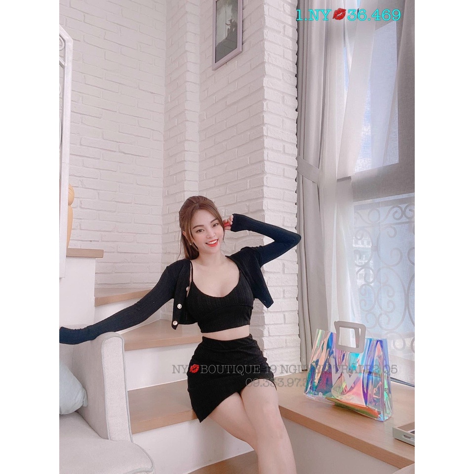Sét 3 món áo 2 dây croptop bản eo phối chân váy body ngắn kèm áo khoác cài nút cực hot  , chất thun gân dày dặn mk