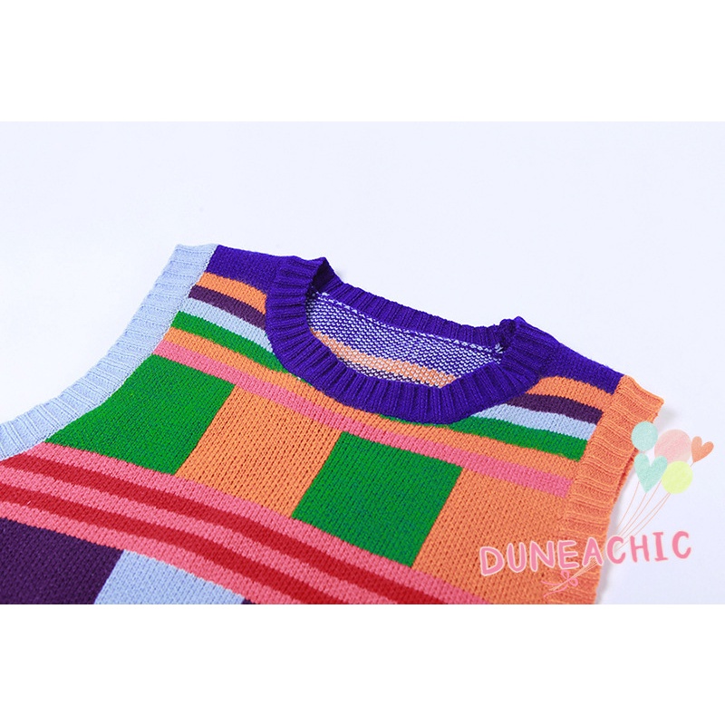 DUNEA Bộ Áo Tank Top Dệt Kim Cổ Tròn + Quần Short Lưng Cao Kẻ Sọc Cá Tính Cho Nữ