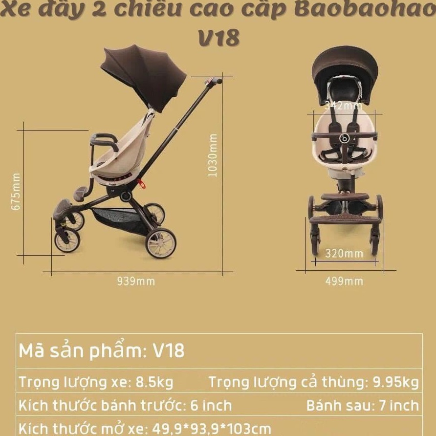 Xe đẩy gấp gọn cao cấp cho bé Baobaohao V18- Xe đẩy 2 chiều chính hãng bảo hành 1 năm có mái vòm nhiều chế độ.