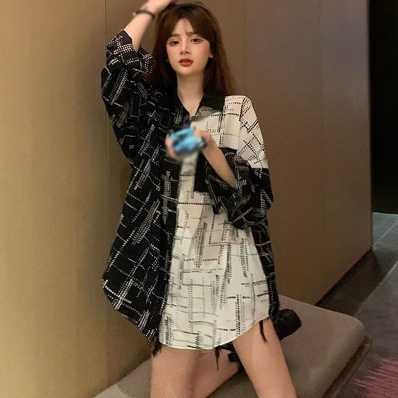 Áo Sơ Mi Dáng Dài Phối Màu Tương Phản Cá Tính Cho Nữ