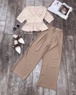 Set Áo Peplum Bo Eo Quần Ống Rộng