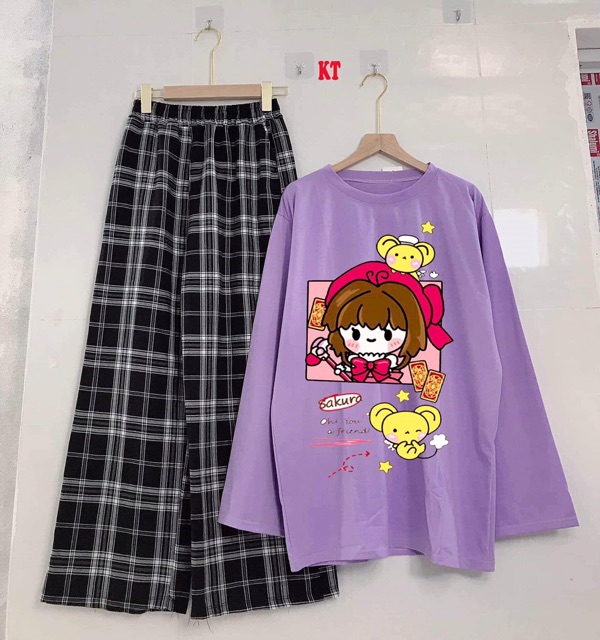 Set áo thun dài tay in cô gái sakura + quần kẻ ống rộng