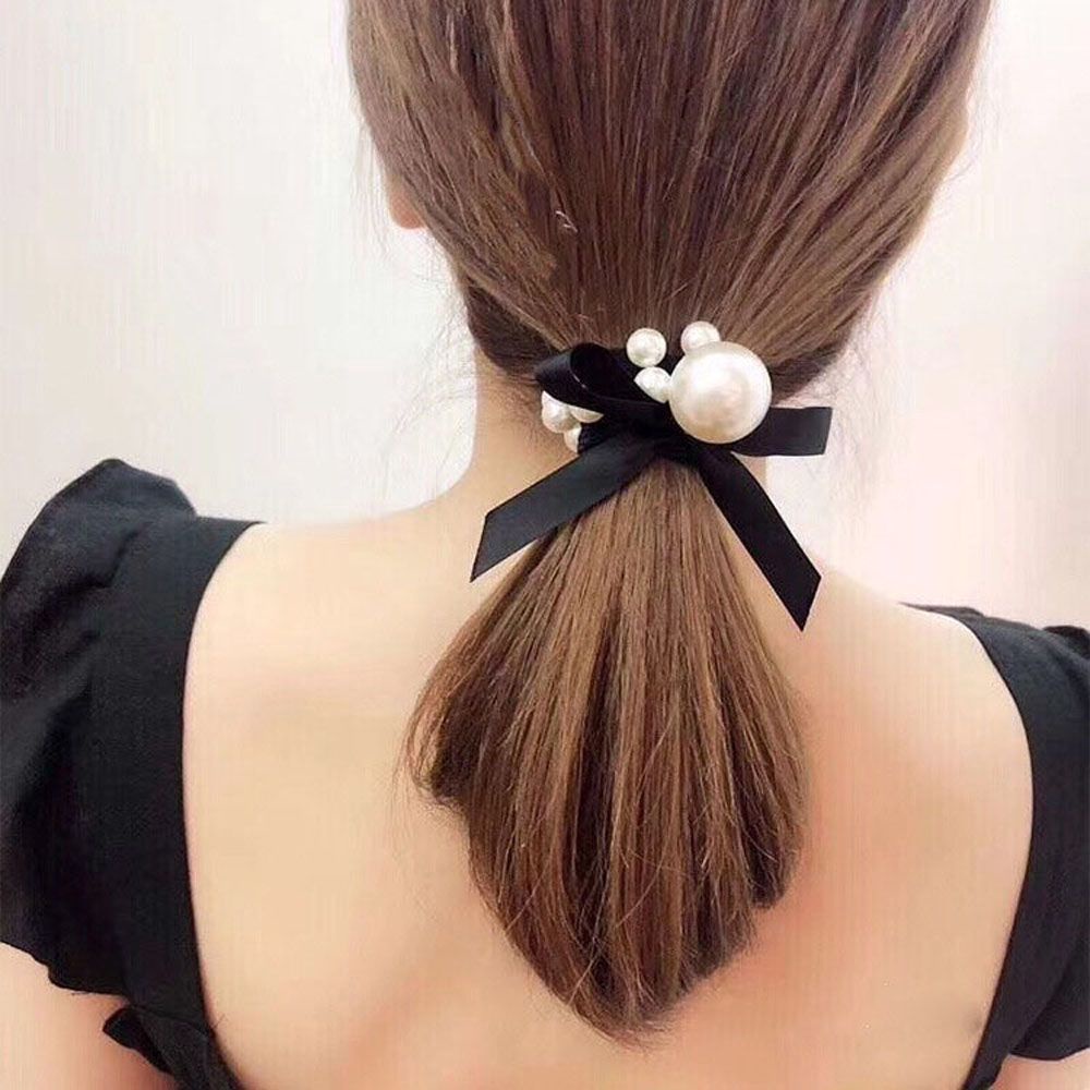 Dây Cột Tóc Ruy Băng Thắt Nơ Phối Ren Đính Ngọc Trai Nhân Tạo Phong Cách Hàn Quốc Cho Nữ