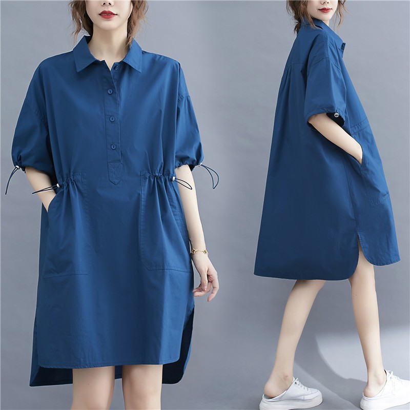 H340 Đầm bigsize dáng suông cổ sơ mi kéo chun 2 bên trẻ trung