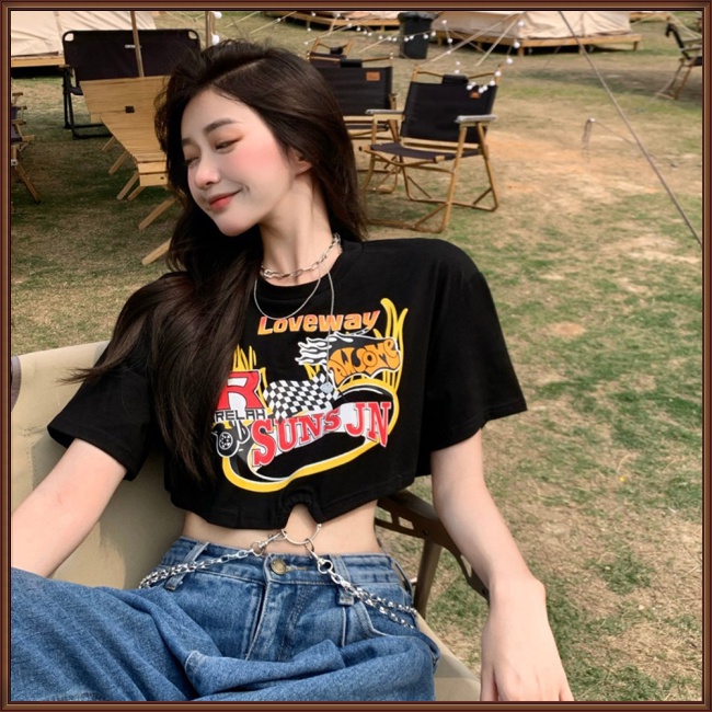 Áo Thun Crop Top Tay Ngắn Cổ Tròn Phối Dây Xích Thời Trang Mùa Hè Quyến Rũ Cho Nữ