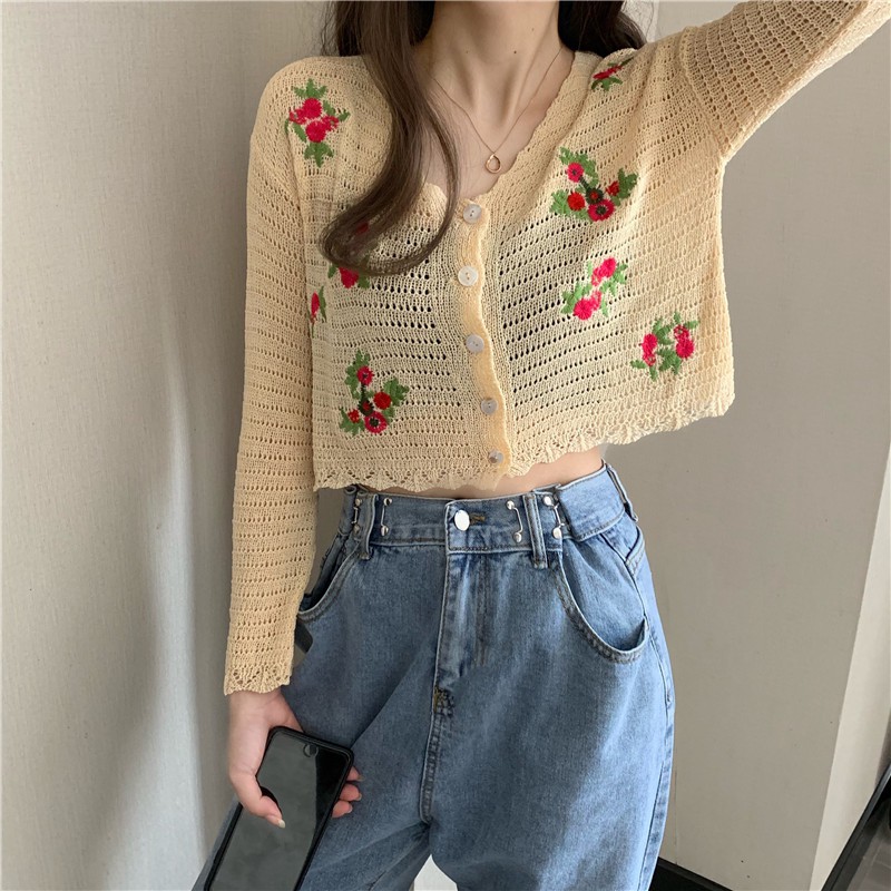 Áo Khoác Cardigan Cổ Chữ V Thêu Họa Tiết Xinh Xắn Theo Phong Cách Hàn Quốc | BigBuy360 - bigbuy360.vn