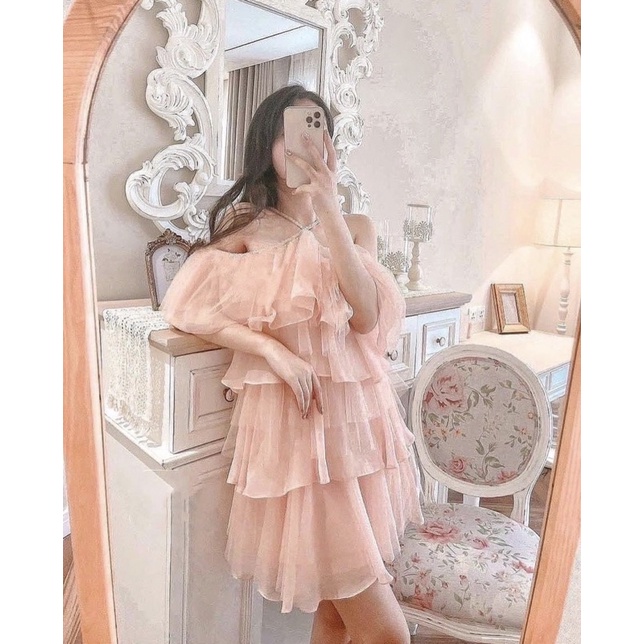 ĐẦM VOAN NUDE CỔ YẾM RỚT VAI TẦNG 💕