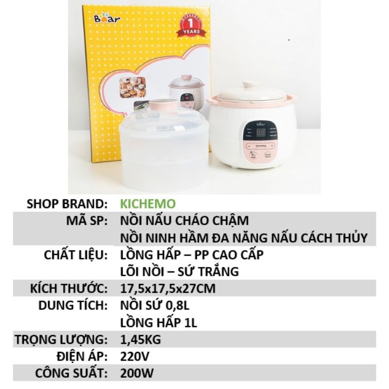 Nồi Nấu Cháo Chậm, Nồi Ninh Hầm Đa Năng Nấu Cách Thủy BEAR 0,8L Bản Quốc tế Bảo Hành 18 Tháng Chính Hãng