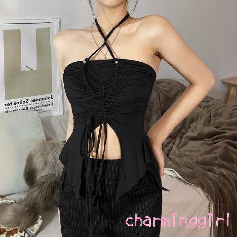 Áo Crop Top Màu Trơn Dây Rút Cổ Độc Đáo Thời Trang Cho Nữ